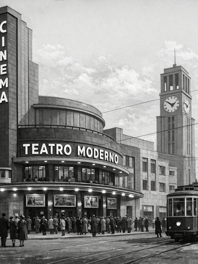Cinema Teatro Moderno: Una fotografia d'epoca in bianco e nero che ritrae la facciata del "Teatro Moderno". L'architettura è tipica del Novecento, con linee geometriche e una torre dell'orologio. Una folla di persone in abiti storici attende davanti all'ingresso, mentre un tram passa in primo piano, catturando l'essenza della vita urbana del secolo scorso.