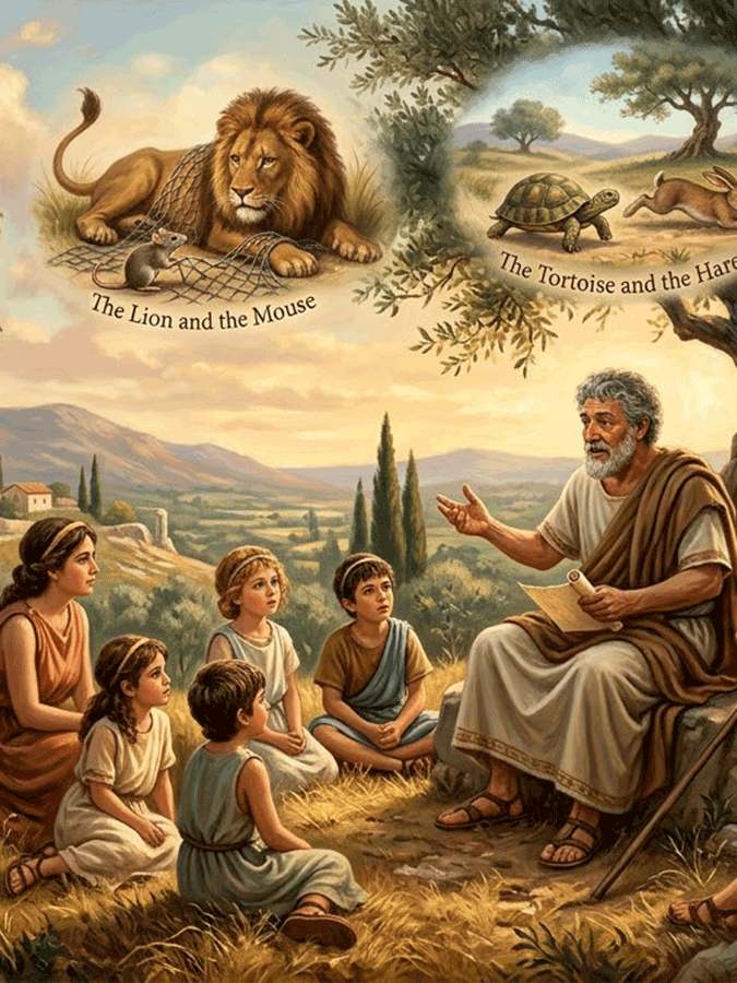 Un anziano narratore in abiti classici racconta storie a un gruppo di bambini. In alto appaiono illustrazioni delle celebri favole "Il leone e il topo" e "La lepre e la tartaruga".