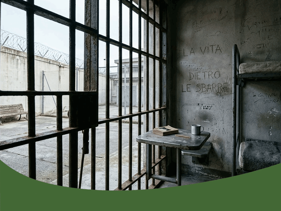 Una potente immagine dell'interno di una cella carceraria. Attraverso le sbarre si vede un cortile deserto, mentre sulla parete interna è incisa la scritta "LA VITA DIETRO LE SBARRE". Un libro e una tazza su un tavolino suggeriscono la dimensione umana e intellettuale che resiste alla reclusione.
