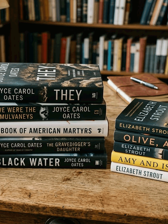 Scrittrici contemporanee: Una pila di libri di Joyce Carol Oates ed Elizabeth Strout su un tavolo di legno, suggerendo un percorso letterario moderno tra temi profondi e riflessivi.