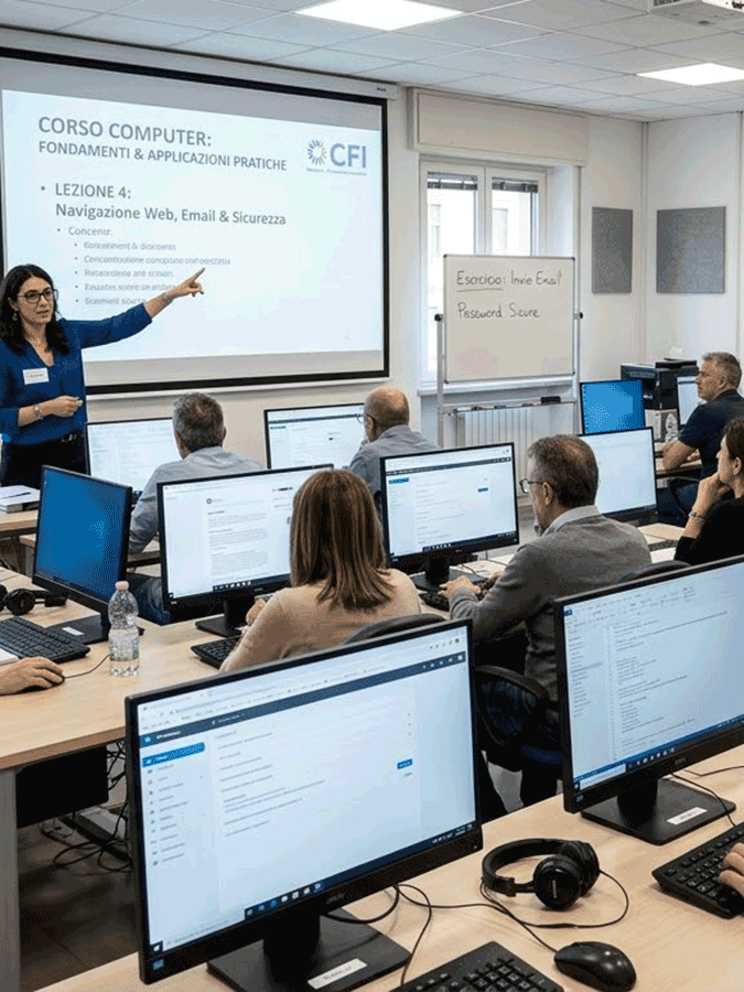 Informatica: Un'aula moderna dove una docente tiene un corso sui fondamenti del computer, la navigazione web e la sicurezza, evidenziando l'importanza dell'alfabetizzazione digitale per gli adulti.