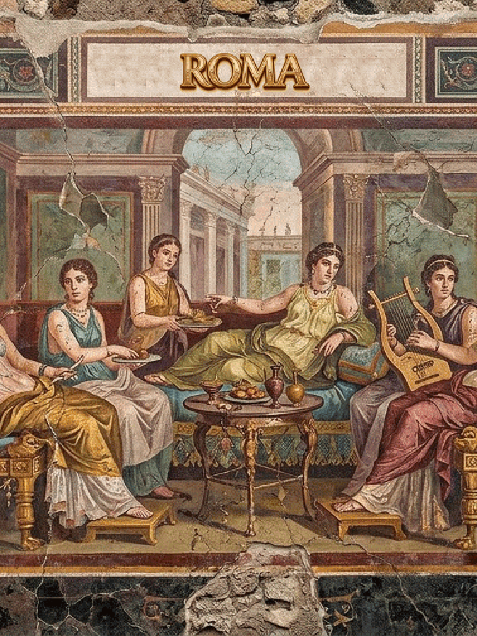 Roma I secolo a.C.: Una ricostruzione di un affresco romano che mostra donne in un momento di convivio, tra musica (una cetra) e cibo, illustrando la vita quotidiana e l'amore nell'antica Roma.
