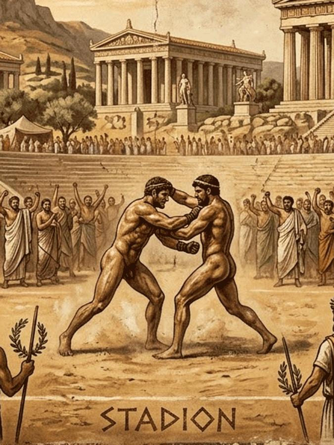 Le Olimpiadi: Due lottatori si affrontano in uno stadio antico ("STADION") davanti a un pubblico festante, celebrando la forza fisica e lo spirito sportivo greco.