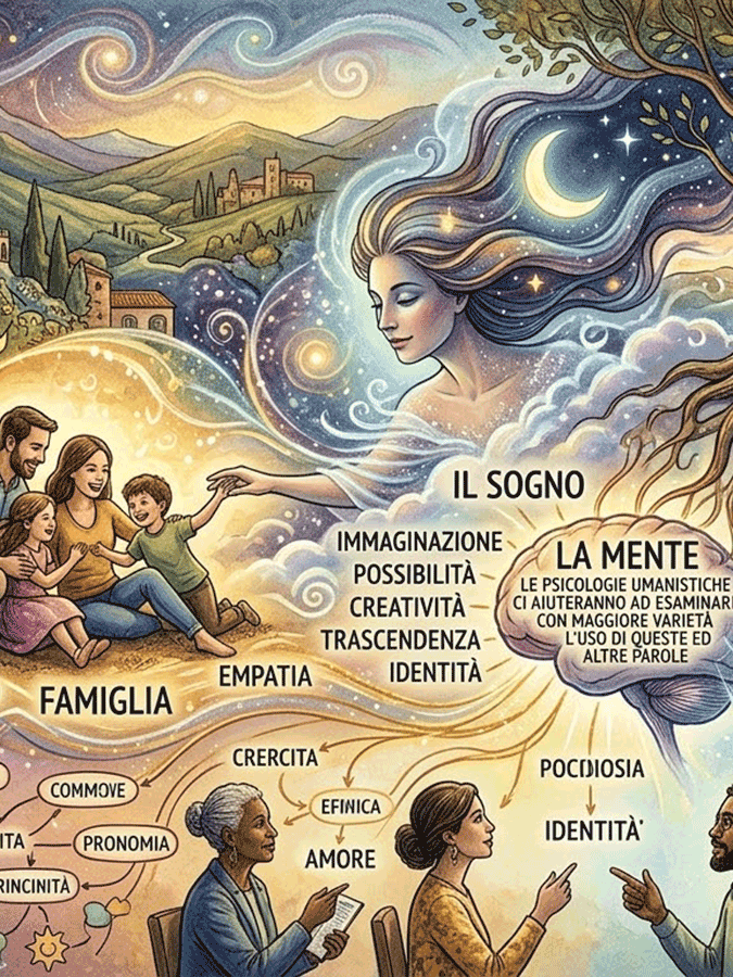 Leggere tra noi le parole: Un'illustrazione concettuale e onirica che collega la mente umana, il sogno e concetti come "Famiglia", "Empatia" e "Identità", esplorando la psicologia umanistica.