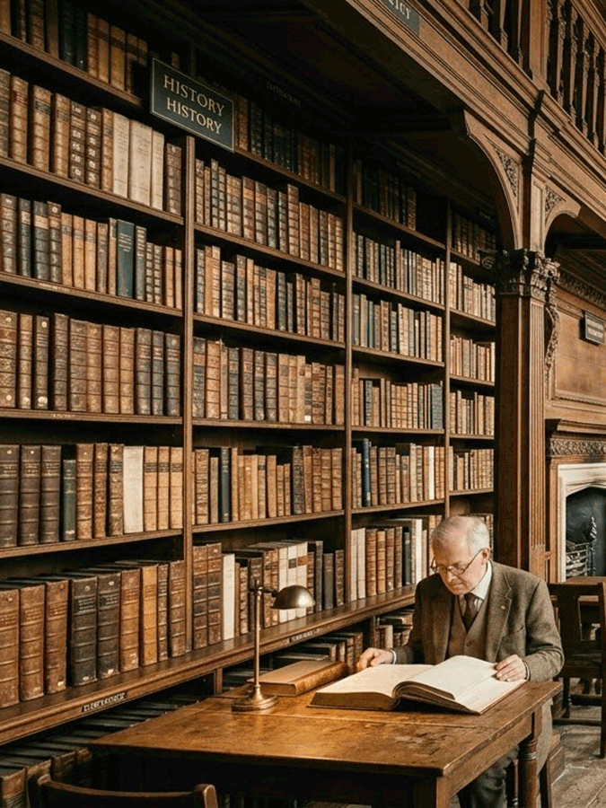 Letteratura inglese: Un uomo anziano legge un grande tomo in una biblioteca storica monumentale, circondato da scaffali colmi di libri antichi (sezione "History").