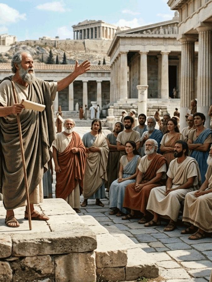 L’occhio filosofico: Una scena ambientata ad Atene, con un filosofo che parla a una folla davanti al Partenone. Rappresenta il valore della parola e del dibattito pubblico.