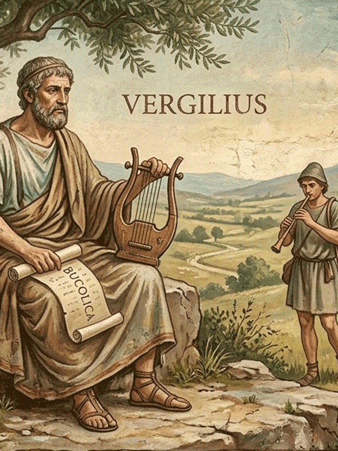 Virgilio e la poesia bucolica: L'immagine ritrae il poeta Virgilio immerso in un paesaggio pastorale idilliaco, tipico delle sue Bucoliche. È raffigurato seduto all'ombra di un albero mentre tiene un rotolo di papiro; accanto a lui, un pastore suona il flauto di Pan (siringa) circondato da un gregge di pecore al pascolo. Sullo sfondo si scorgono dolci colline e un piccolo borgo antico, evocando un'atmosfera di pace e armonia con la natura.