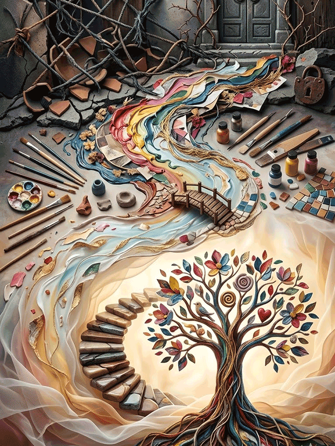Un'illustrazione simbolica che rappresenta un percorso di guarigione. In alto, un ambiente cupo con ragnatele e macerie; da qui parte un fiume di colori che attraversa un ponte e conduce a un luminoso albero della vita dai colori vivaci, circondato da strumenti artistici come pennelli e tessere di mosaico.